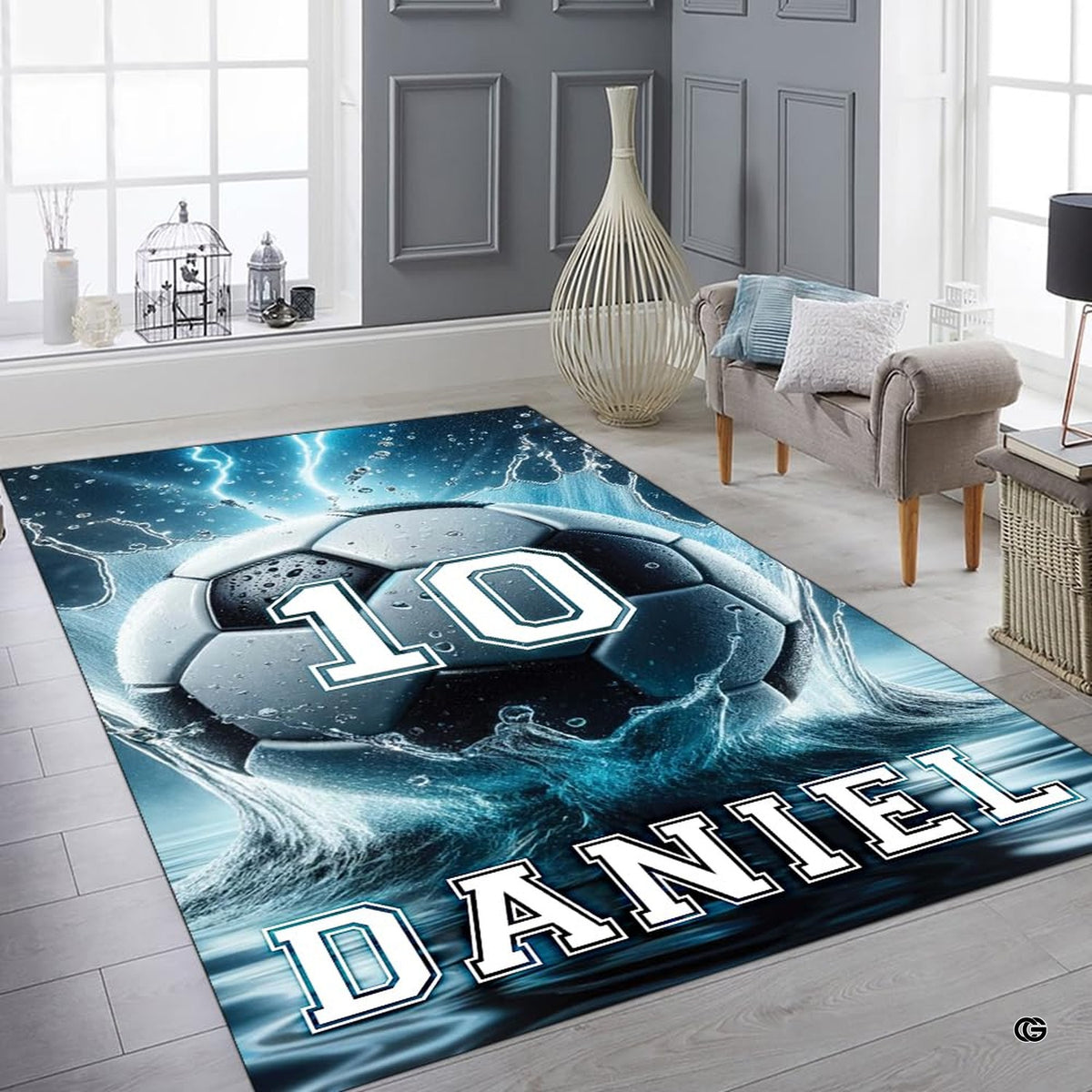 Game room decor arrangement centered around an electric cyan soccer ball art floor rug. - image 6 of 8