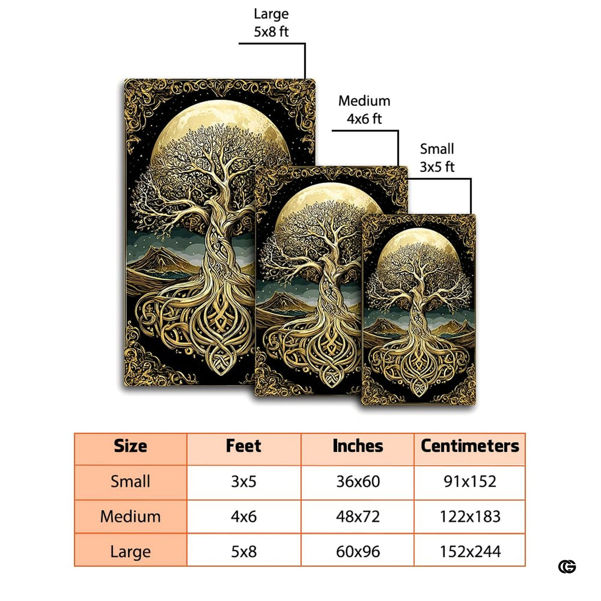 Irish tree life motif area rug positioned near wooden decor and dark mountain landscape imagery. - image 4 of 8