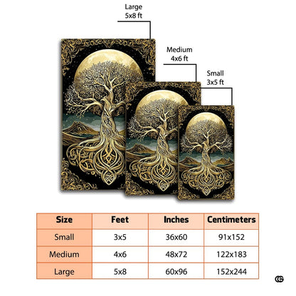 Irish tree life motif area rug positioned near wooden decor and dark mountain landscape imagery. - thumbnail image 4 of 8