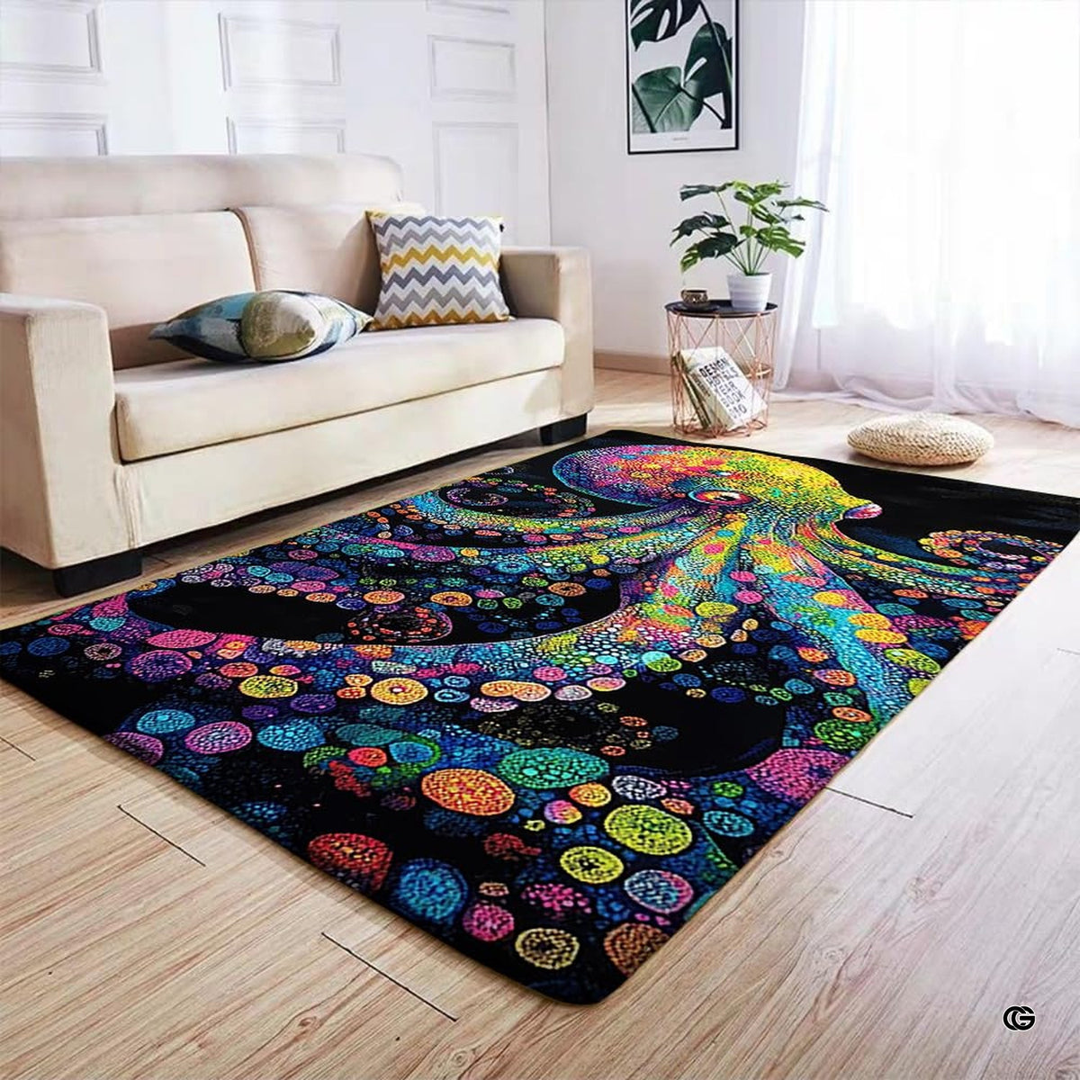 Angle view highlighting luminous cyan, magenta, and lime green patterns on psychedelic octopus rug. - image 4 of 7