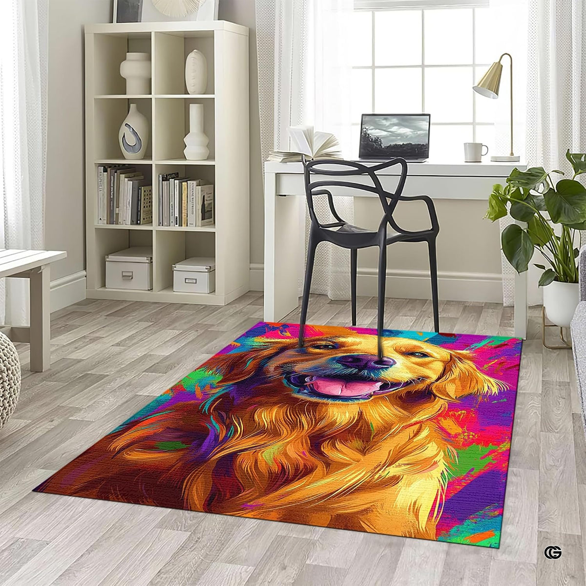 Home office desk setup with swivel chair placed over the artistic pop art golden retriever area rug - image 5 of 5