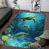 Ocean coral reef sea turtle area rug displayed as a living room centerpiece.