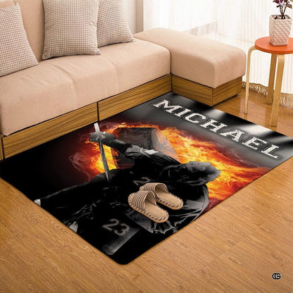 Custom ice hockey player sports floor rug placed in bedroom setting - thumbnail image 7 of 7