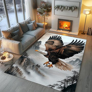 Soaring mountain bald eagle living room area rug with misty peaks and pines - thumbnail image 1 of 7