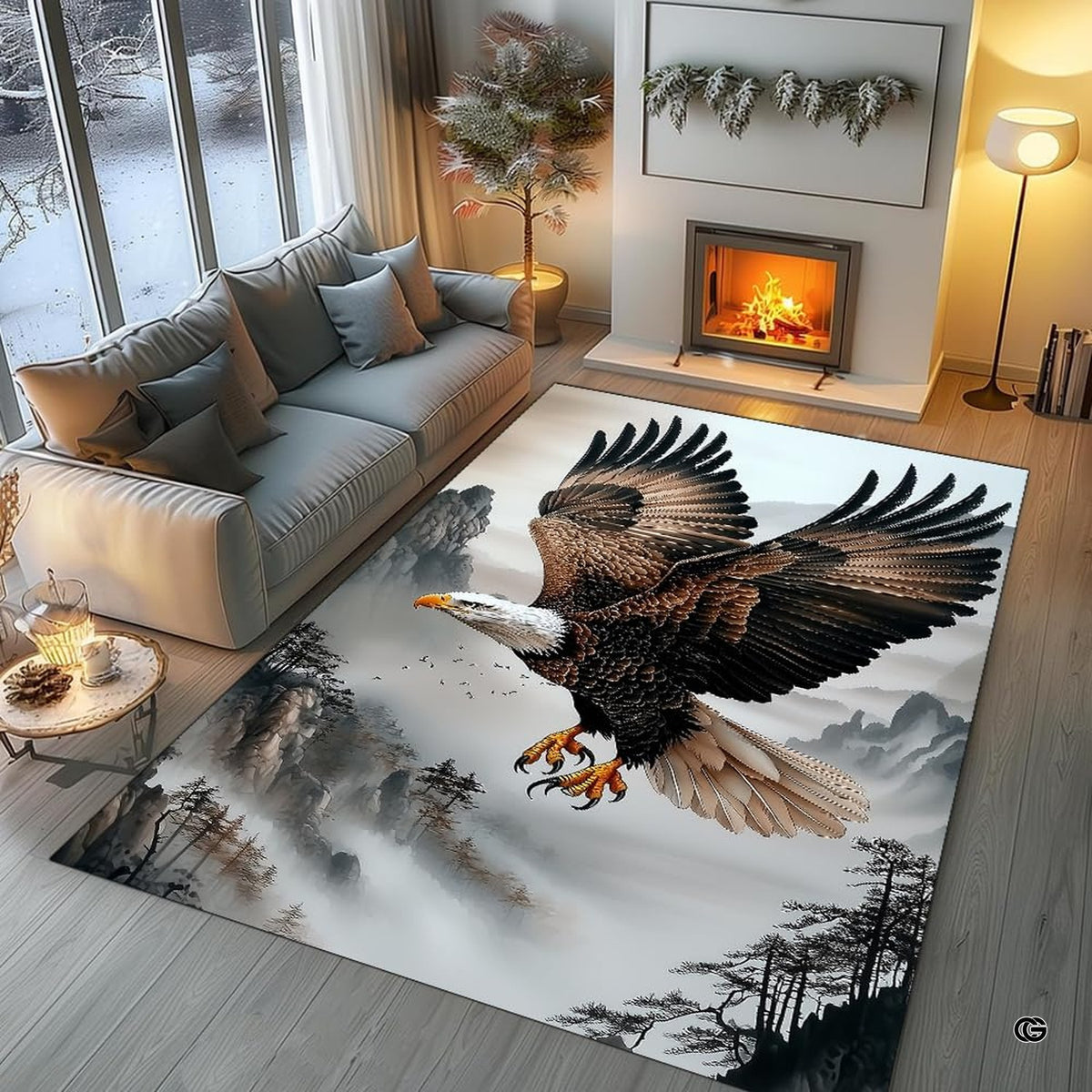 Soaring mountain bald eagle living room area rug with misty peaks and pines - image 1 of 7