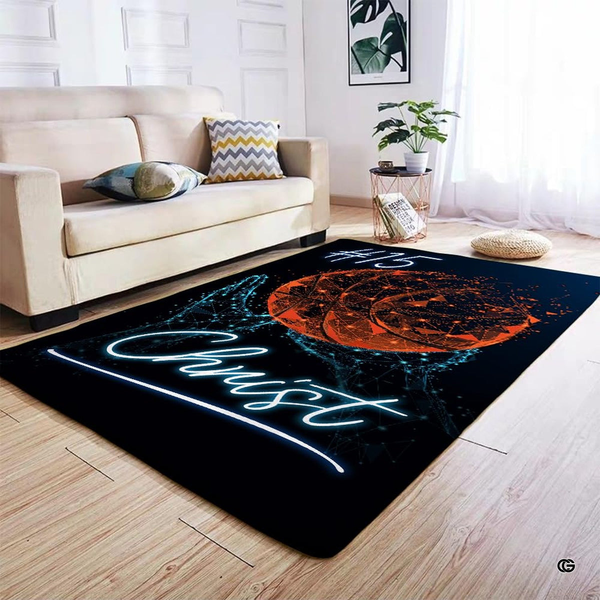 Neon wireframe basketball area rug styled on hardwood flooring in sports bedroom.