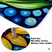 Close-up view of intricate sunflower petals and violet mosaic detailing on a floral mosaic rug. - thumbnail image 3 of 7