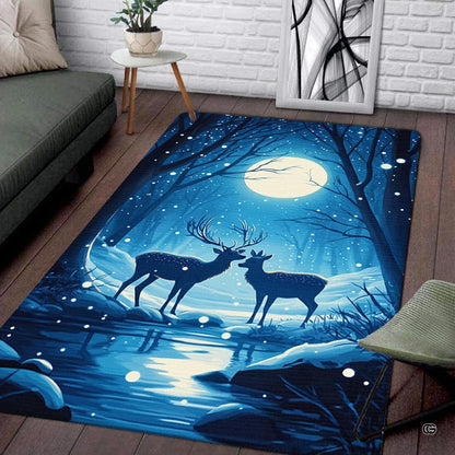 Full view of starry night area rug showing winter deer silhouettes near a moonlit lake. - thumbnail image 1 of 5