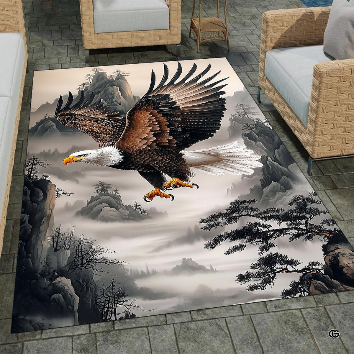 Misty mountain bald eagle area rug placed alongside living room couch and accent furniture.