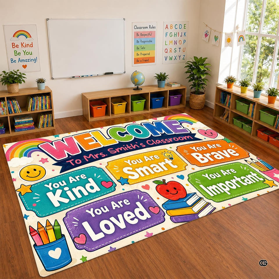 Rainbow classroom affirmation area rug placed on wood flooring in front of low storage units