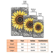 Dimension comparison chart displaying multiple size formats for this sunflower mandala area rug. - thumbnail image 2 of 7