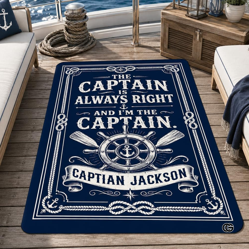 Custom Boat Rug, Personalized Welcome Aboard Mat with Boat Name, Nautical Area Rug for Deck, Entryway or Floor, Anchor Marine Decor, Boating Gift (Boat Rug 06)