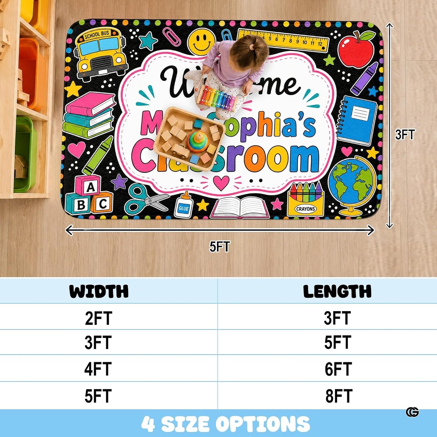 Personalized Teacher Classroom Rug, Custom Back to School Welcome Mat with Name, Kindergarten Preschool Elementary Decor, Composition Notebook Carpet (A07)