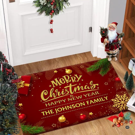 Personalized Christmas Family Name Welcome Mat, Holiday Entrance Rug