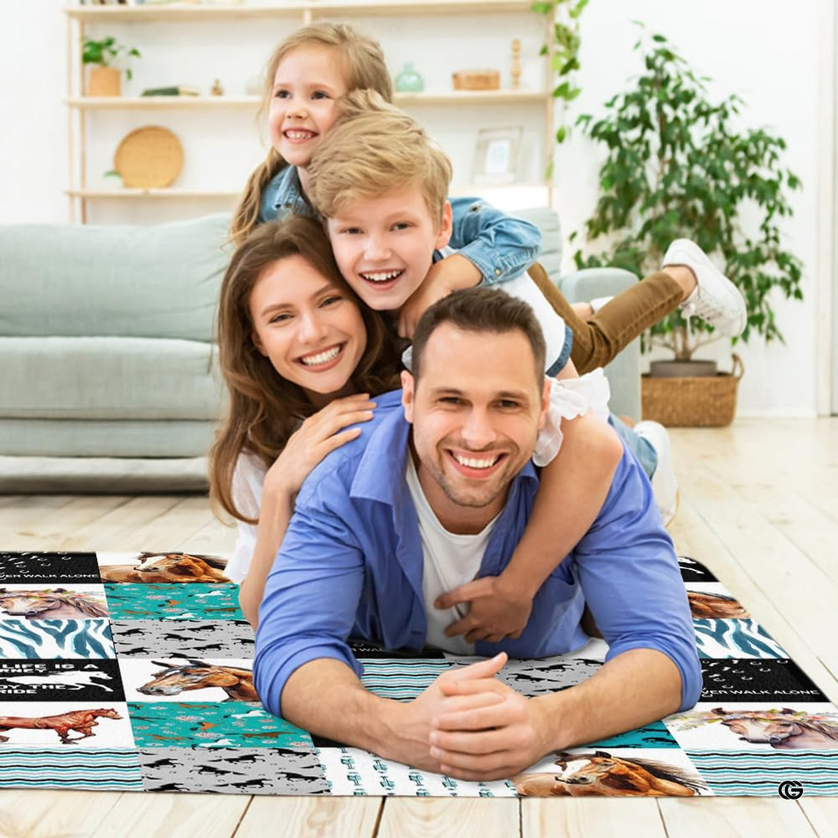 Equestrian collage area rug styled beside rustic wooden furniture and southwest home decor elements. - image 5 of 7