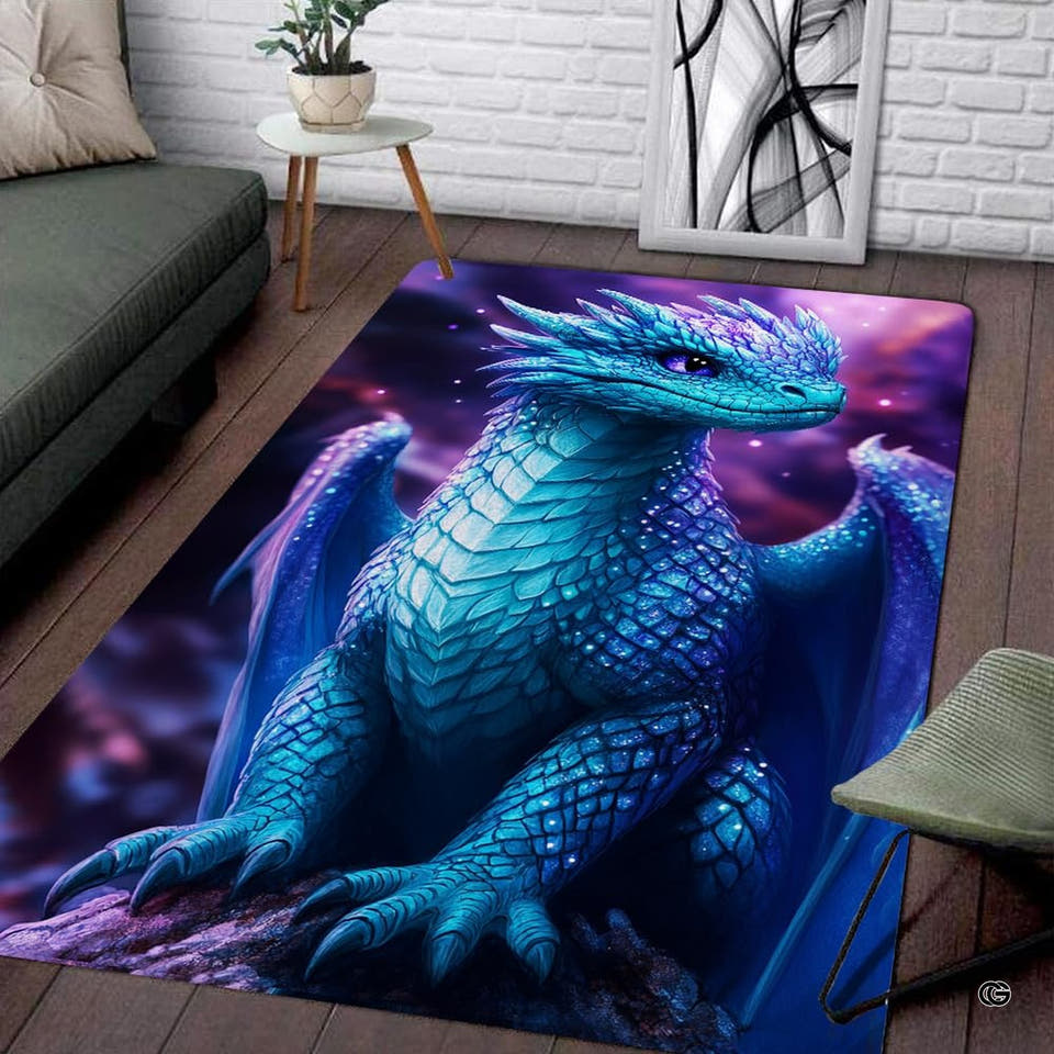Blue chinese dragon rug featuring a cyan winged creature on rocks thematic accent violet smoky skies