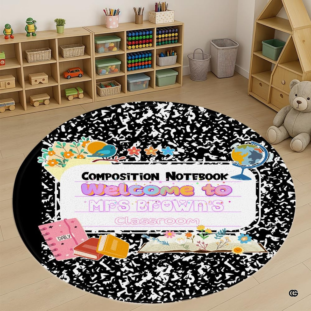 decorative accent marble patterned area rug displaying floral blooms, desk globe, and vintage stationery illustrations.