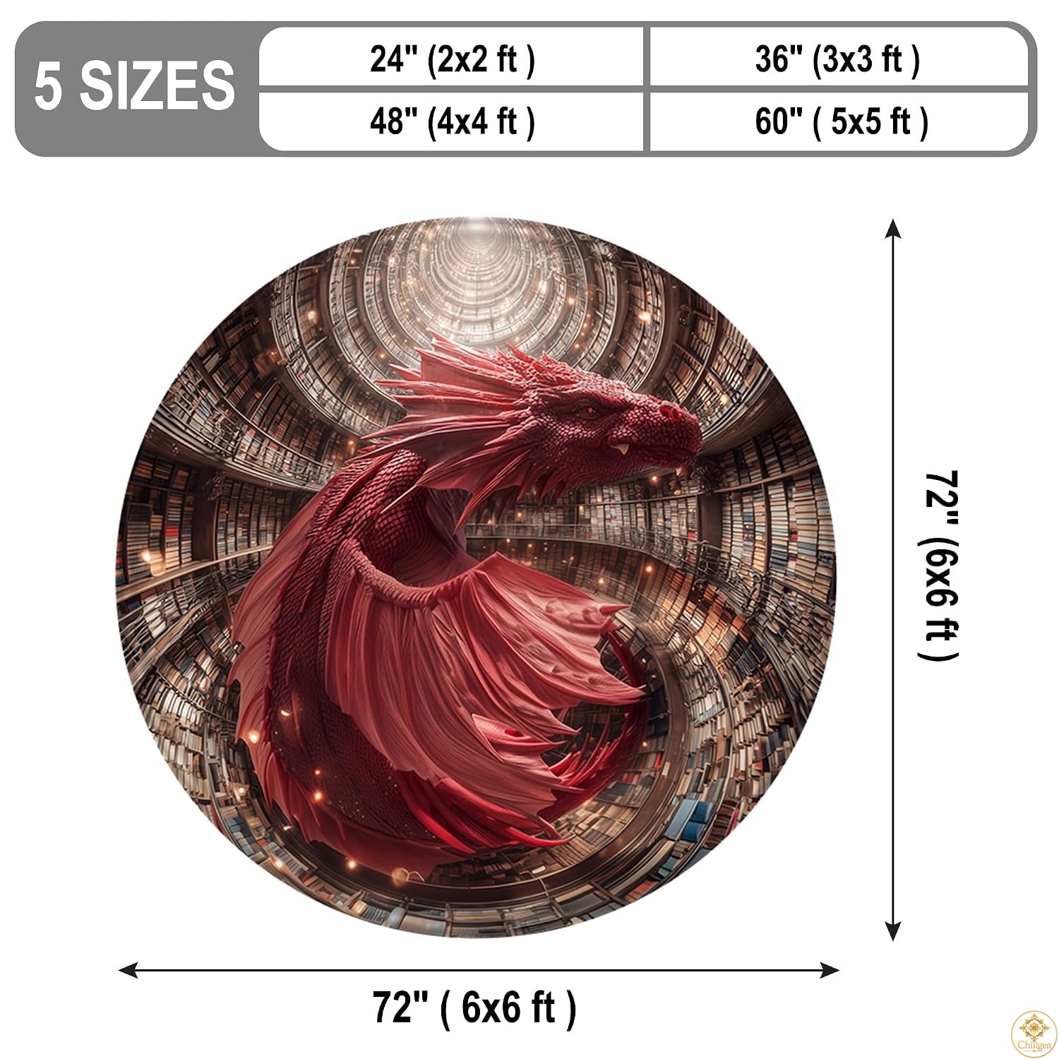 Custom Dragon Round Rug with 3D Illusion and Library Pattern