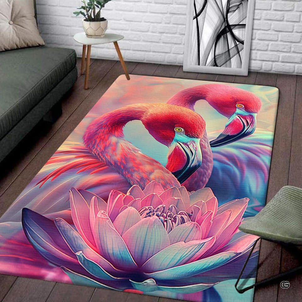 Living room display of a rectangular pink flamingos and blooming water lily lotus area rug on wood floor.