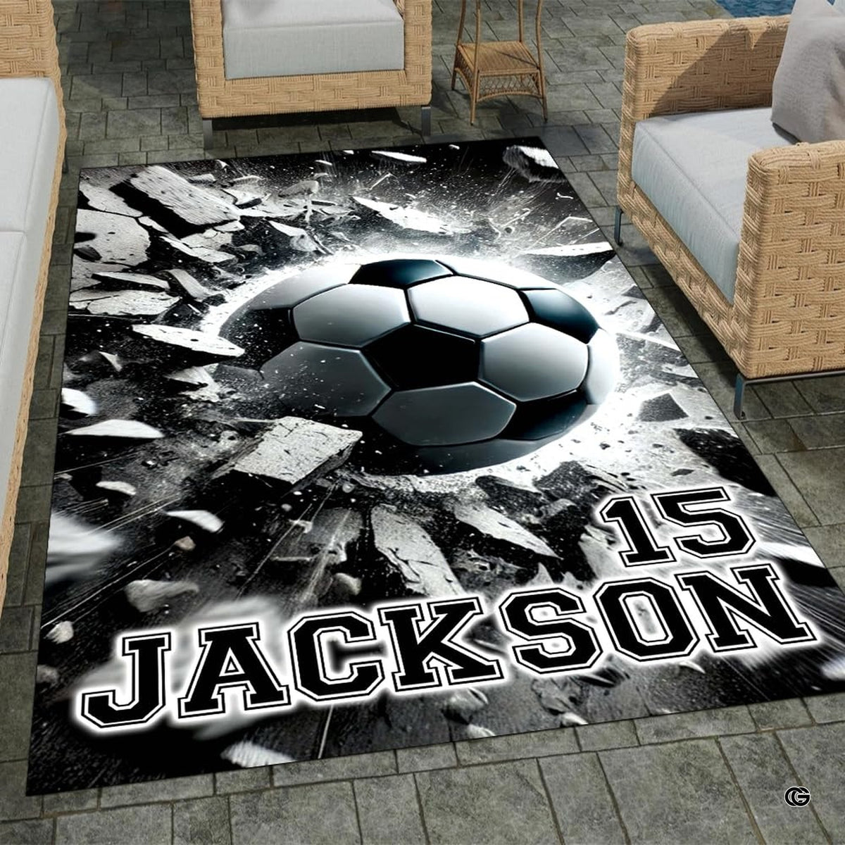 Custom soccer concrete smash living room area rug with soccer ball bursting through cracked stone wall - image 1 of 8
