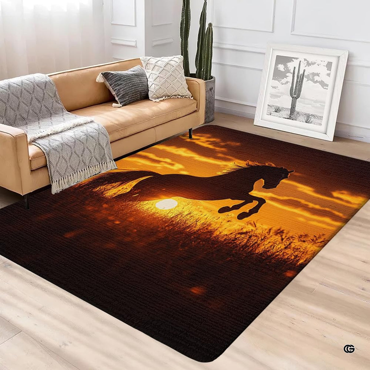 Anti-slip dot backing and clean hemmed edge stitching on horse sunset area rug