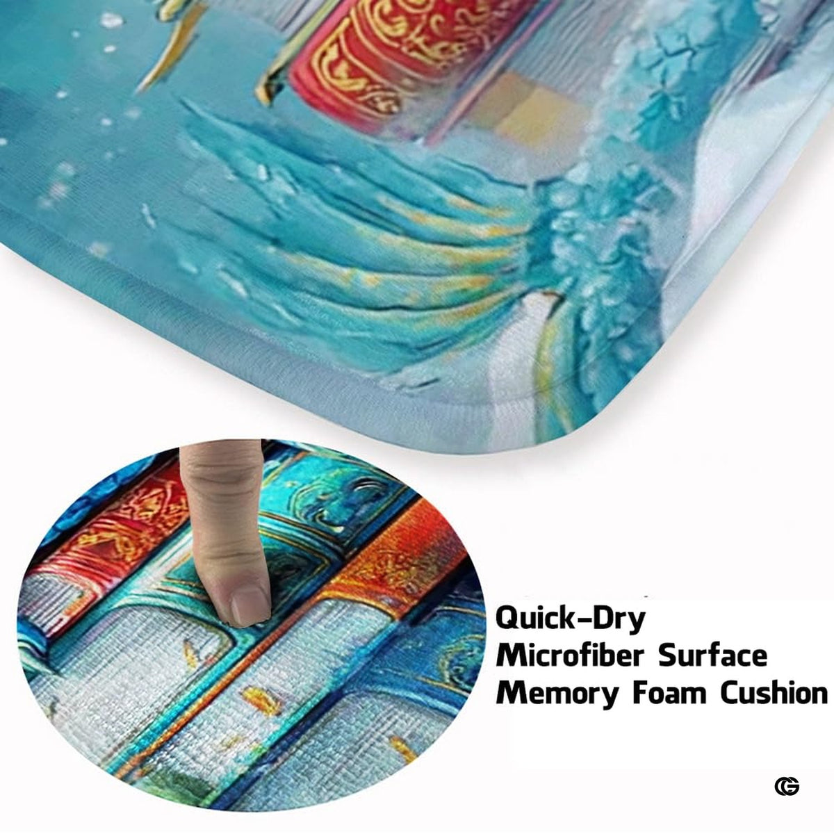 Majestic azure cyan blue dragon with golden horns resting on a tall stack of vintage leather-bound books area rug.