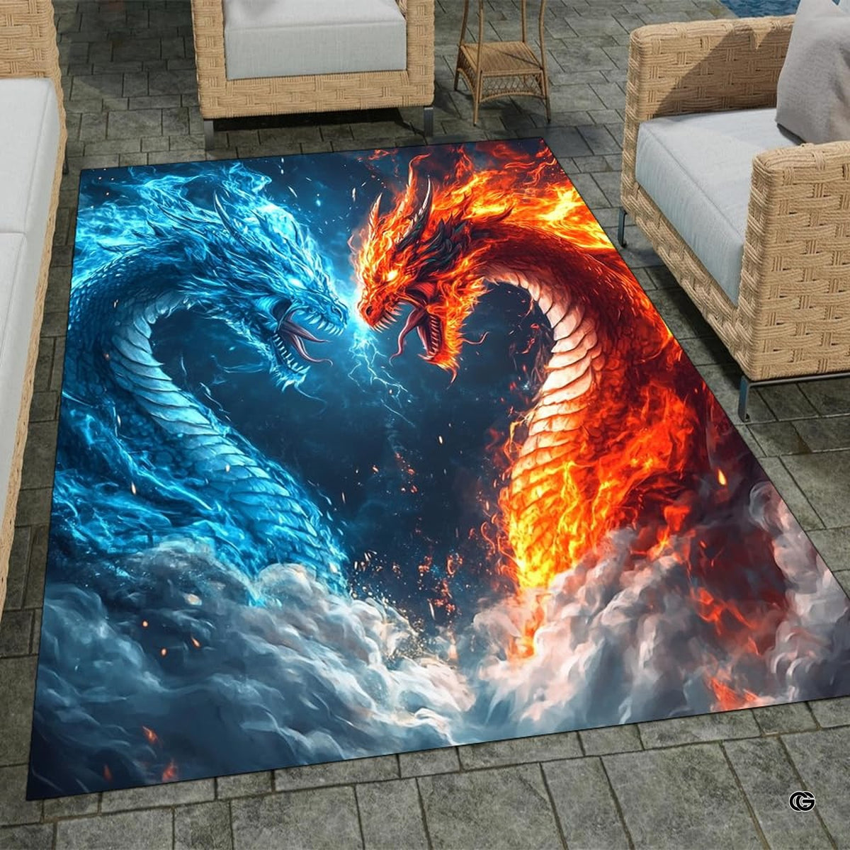 Fire ice dragon fantasy artwork area rug displayed in a stylish modern lounge. - image 1 of 8