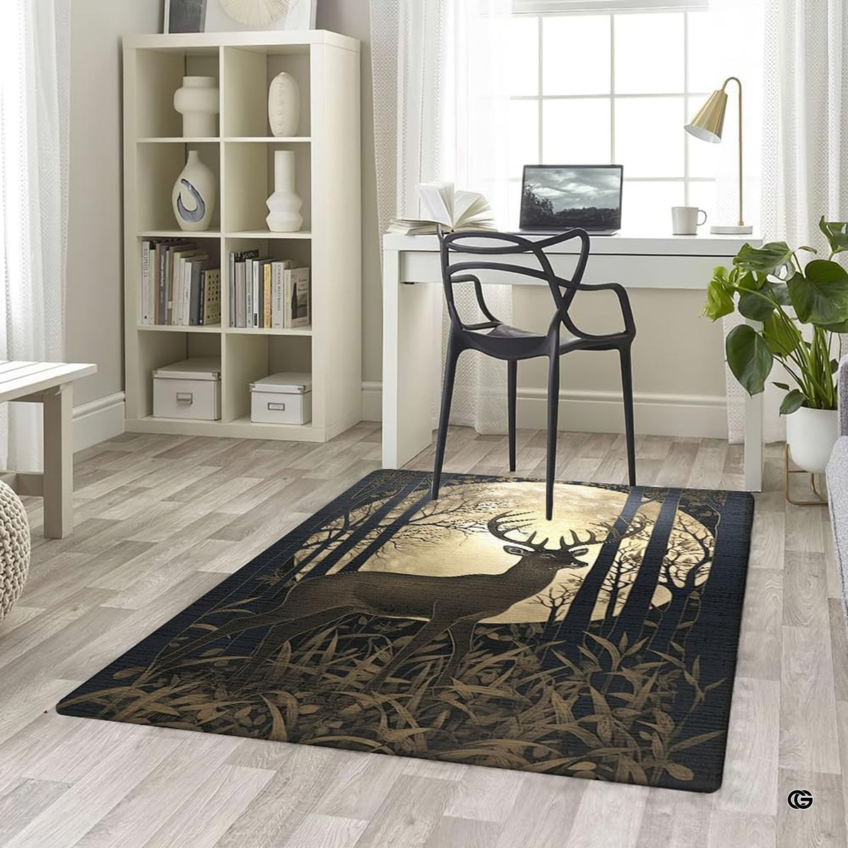 Preschool reading nook featuring a gold and charcoal deer themed classroom area rug.