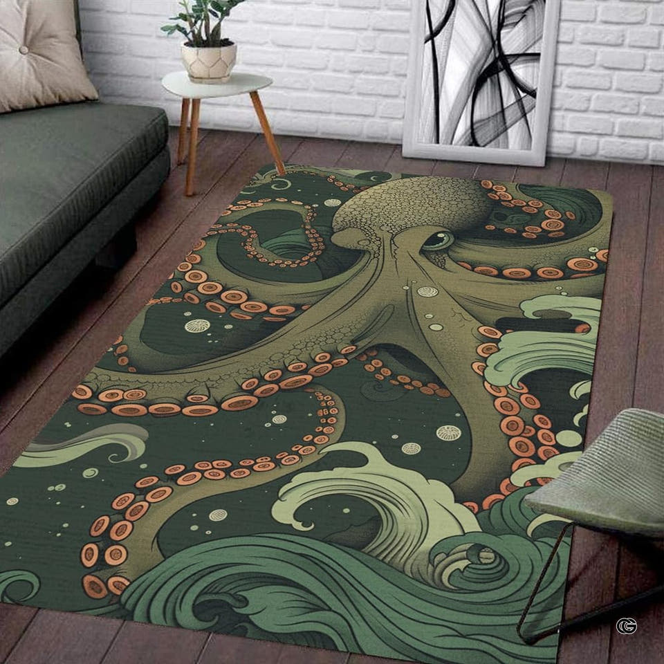 Living room corner view presenting a rectangular Japanese octopus and waves area rug on wood flooring.