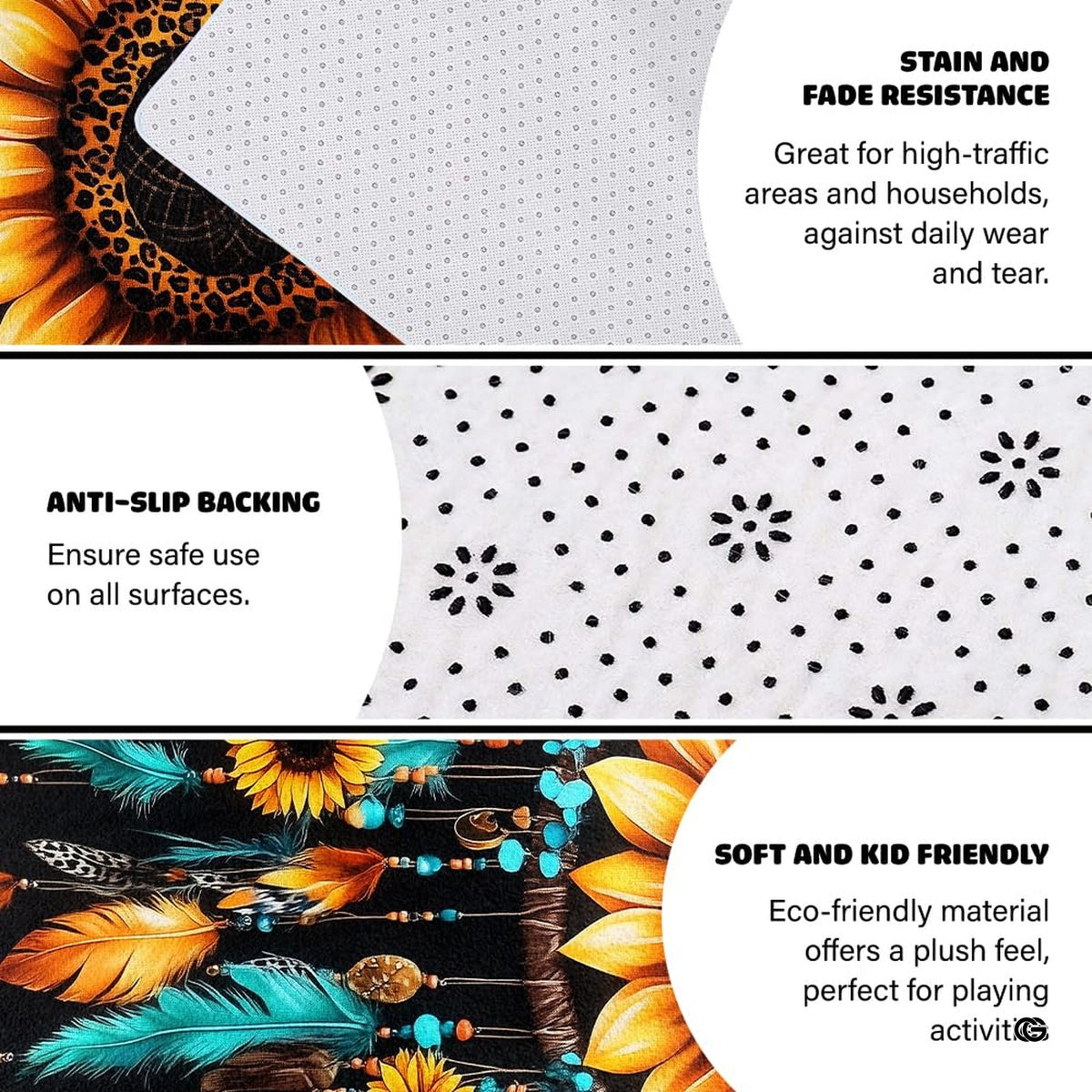 Sunflower kitchen floor mats visual showcasing vibrant golden petals and black contrasting background.