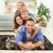 Bright sunroom setting with the rustic wolf spirit area rug centered on wooden flooring - thumbnail image 5 of 7