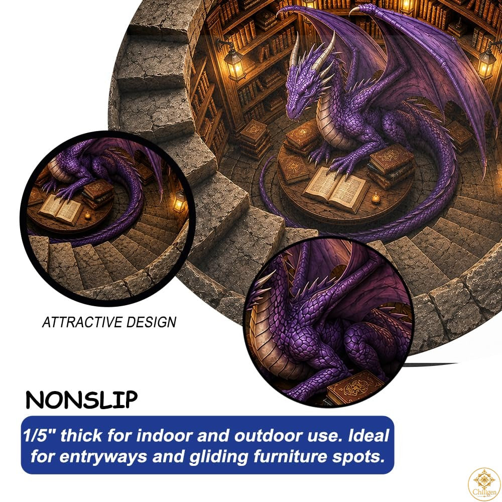 Personalized Dragon Round Rug with 3D Effect and Bookshelf