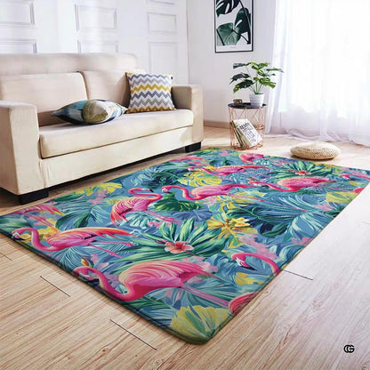 Anti-slip dot backing and clean hemmed edge stitching on flamingo botanical rug - thumbnail image 4 of 7