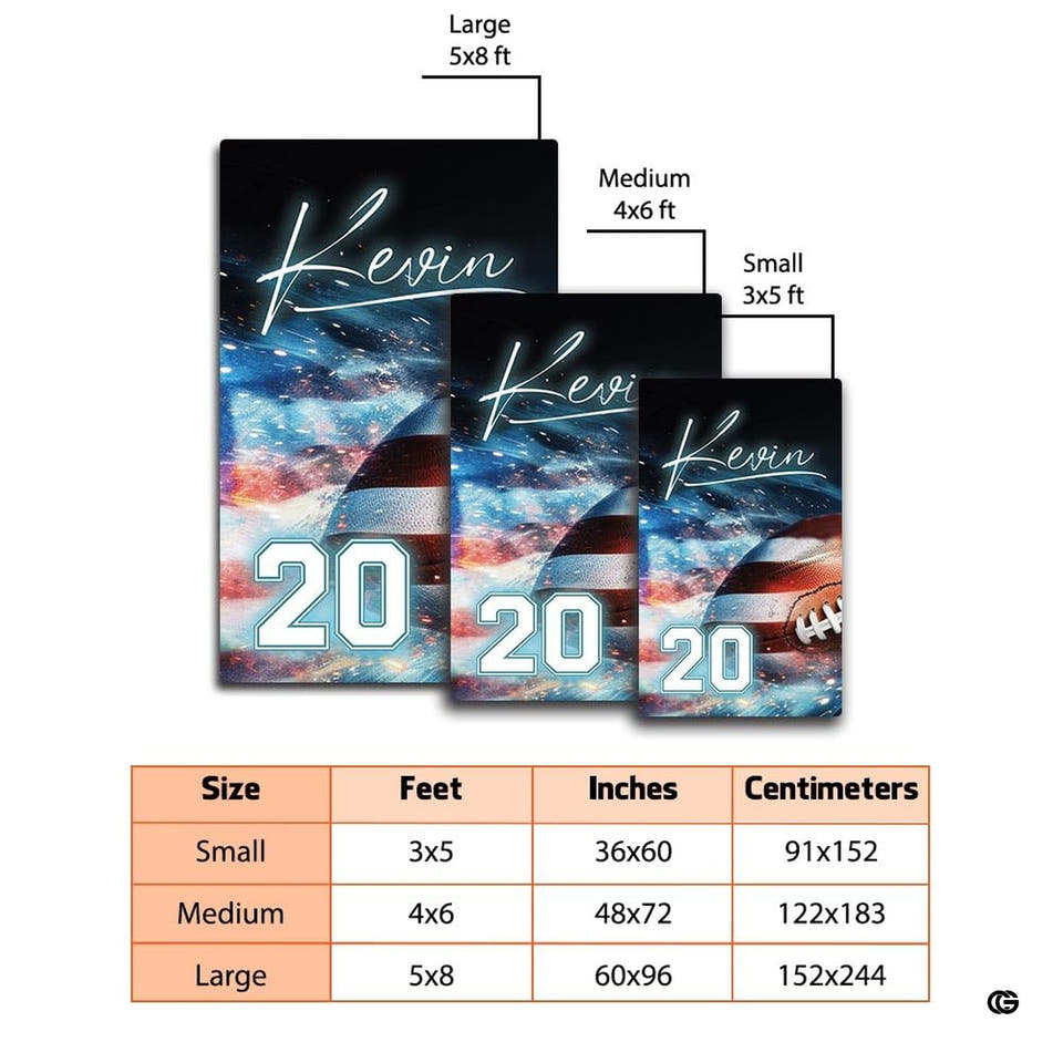 Size dimension chart showing small 3x5 ft, medium 4x6 ft, and large 5x8 ft options for cosmic football rug.
