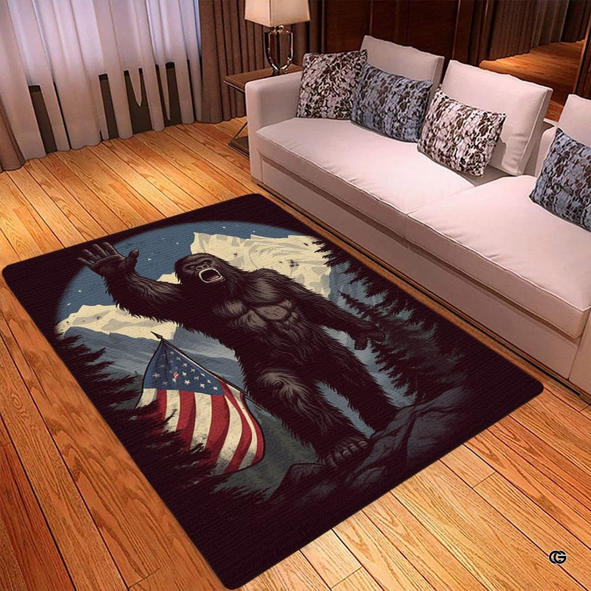 Spacious living room sectional couch setup displaying waving bigfoot american flag rustic area rug