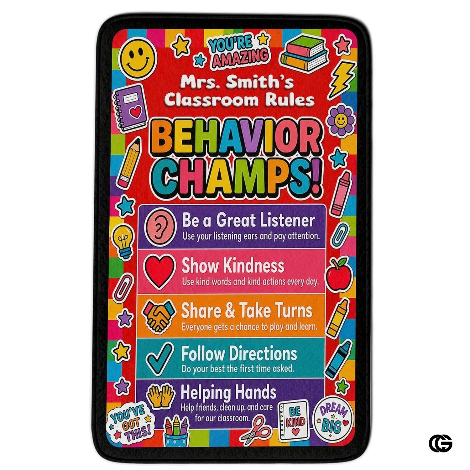 Personalized Teachers Classroom Rug with Custom Name - D6