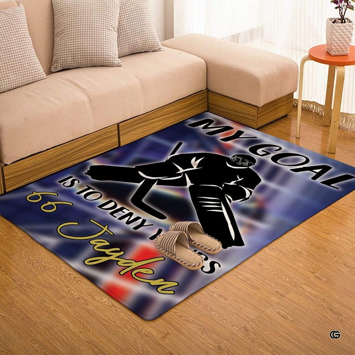 Custom ice hockey goalie sports floor rug placed in bedroom setting