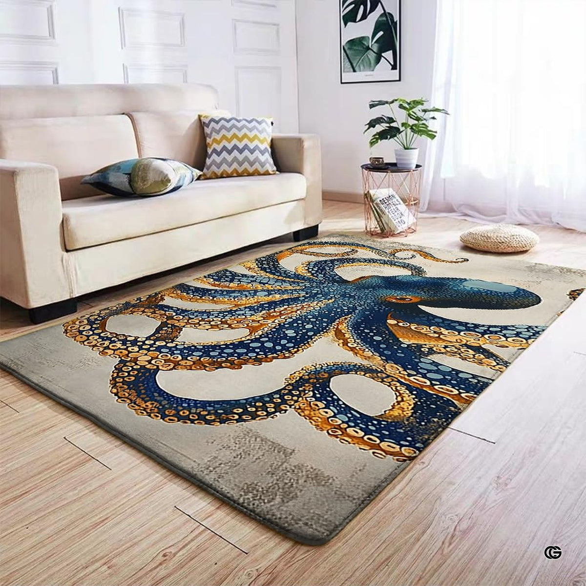 Detailed view of circular suction cups and curling kraken tentacles rug print. - image 4 of 7