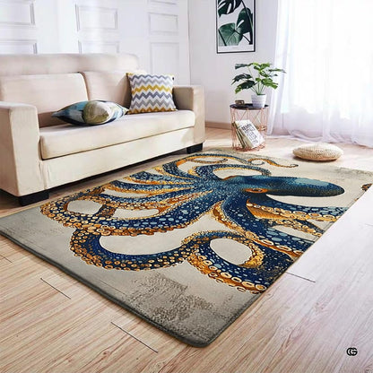 Detailed view of circular suction cups and curling kraken tentacles rug print. - thumbnail image 4 of 7
