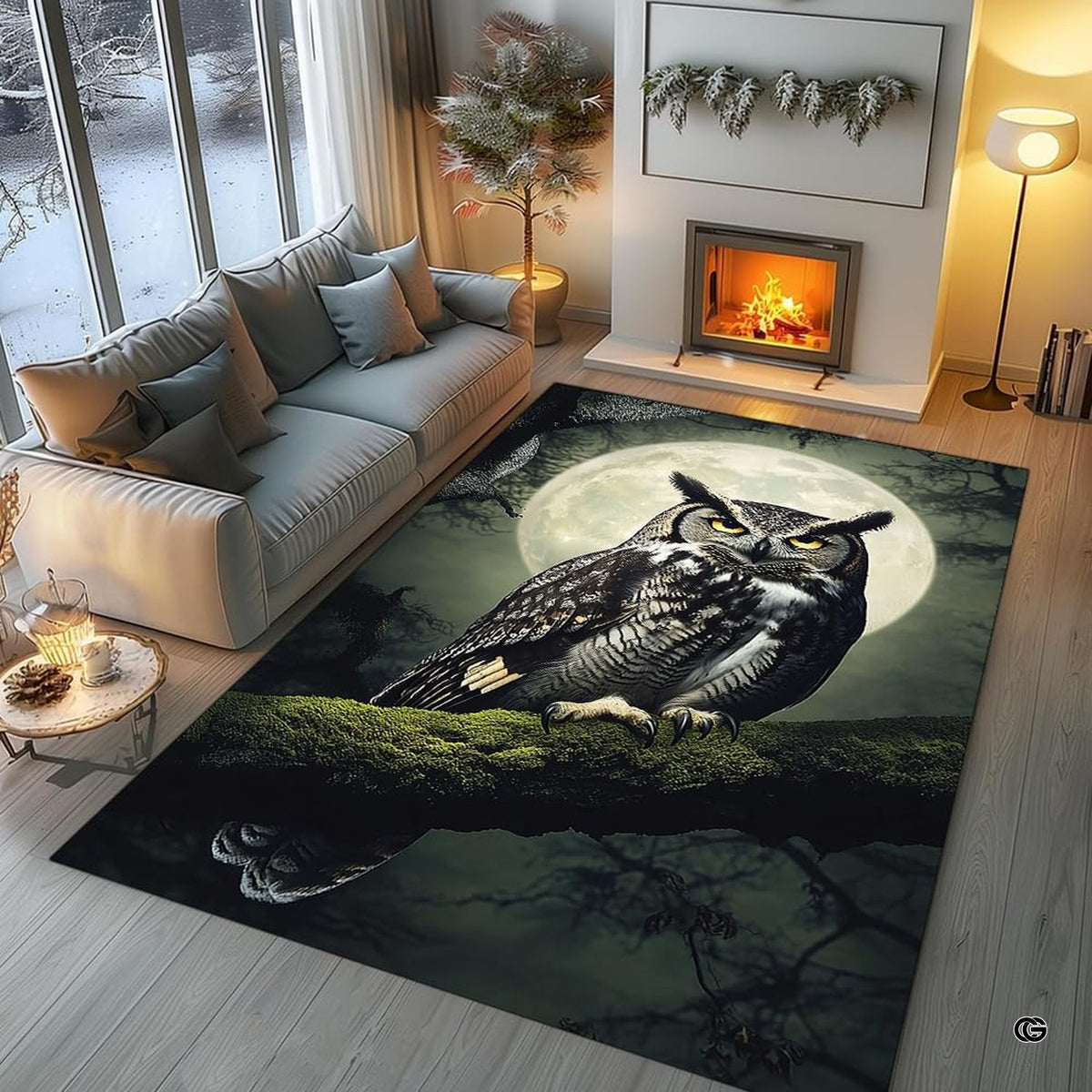 Full moon owl wildlife floor rug placed in comfortable bedroom setting - image 7 of 8
