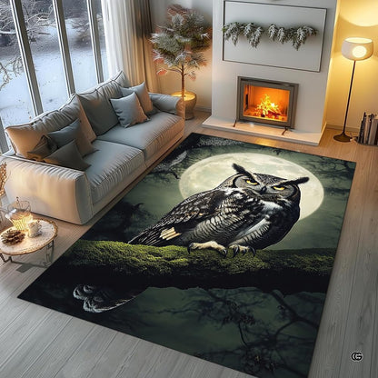 Full moon owl wildlife floor rug placed in comfortable bedroom setting - thumbnail image 7 of 8