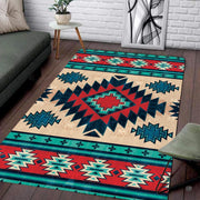 Infographic showing the non-skid dot backing and edge stitching of the Aztec rug - thumbnail image 4 of 7