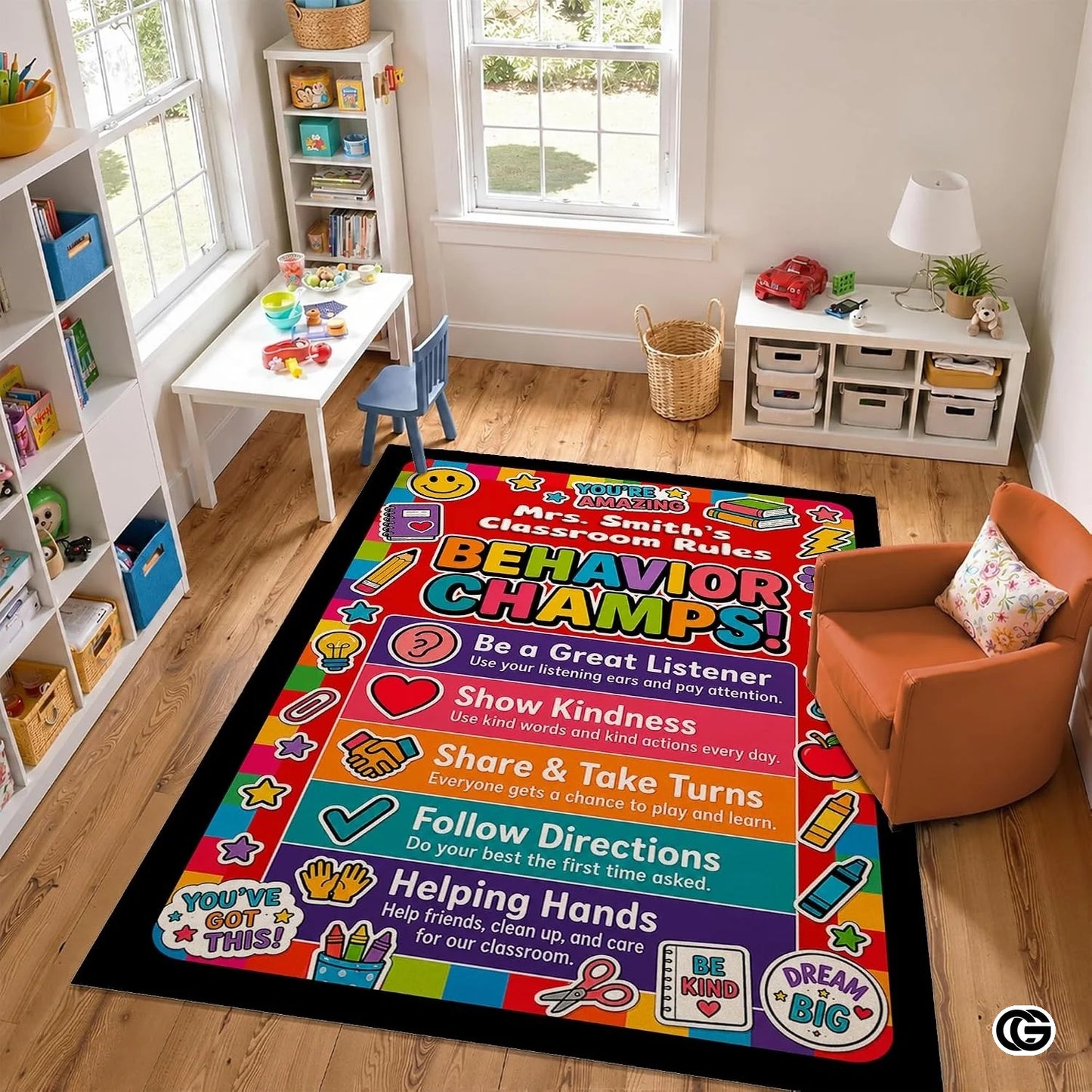 Personalized Teachers Classroom Rug with Custom Name - D6