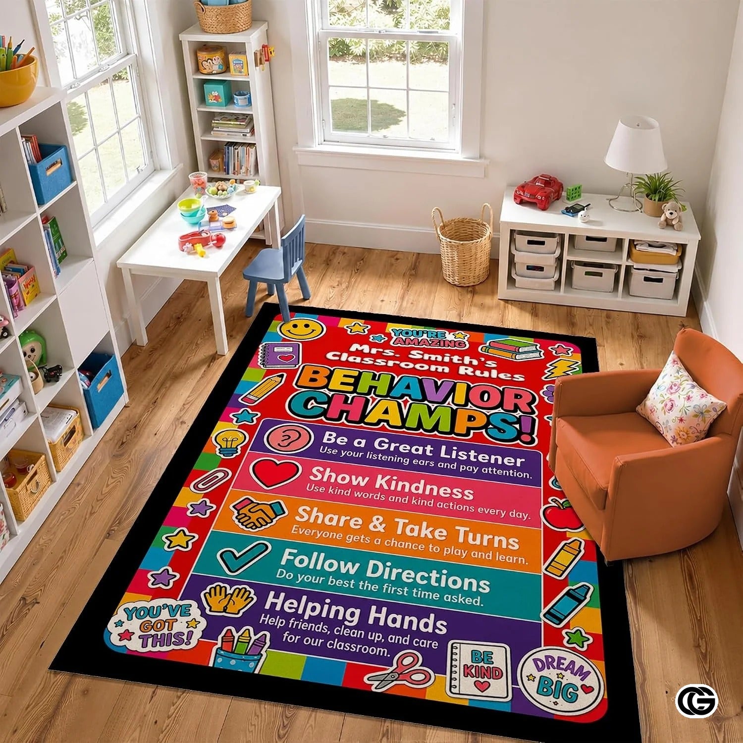 Personalized Teachers Classroom Rug with Custom Name - D6