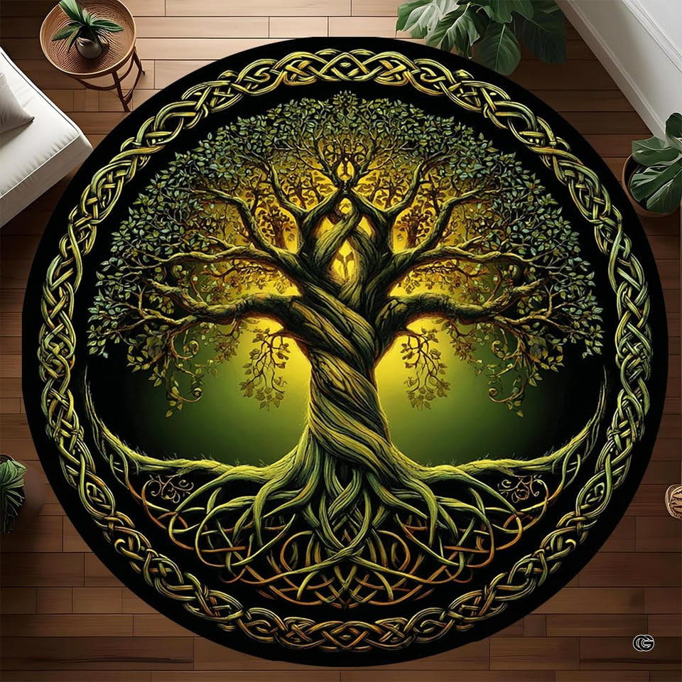 Celtic round rug displaying glowing tree of life rug design with golden knotwork border.