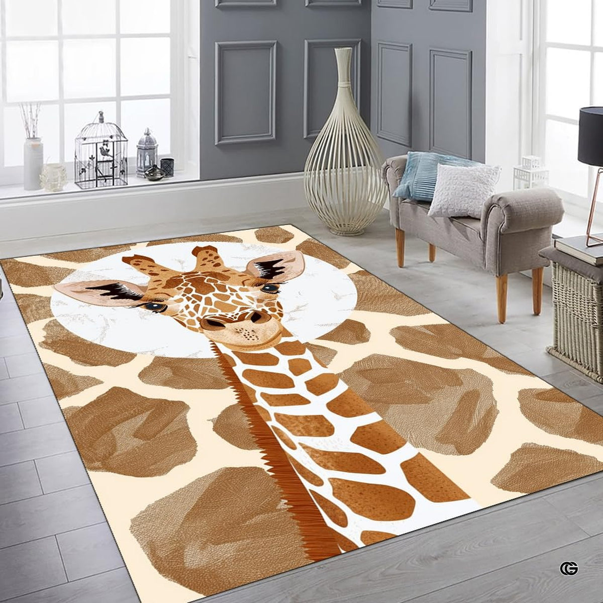 Modern living room setting displaying the giraffe print portrait area rug - image 2 of 7