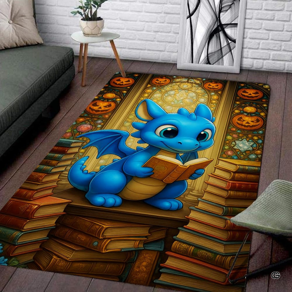 Adorable cute chibi blue baby dragon reading an open book seated on stacks of library books area rug. - image 6 of 8