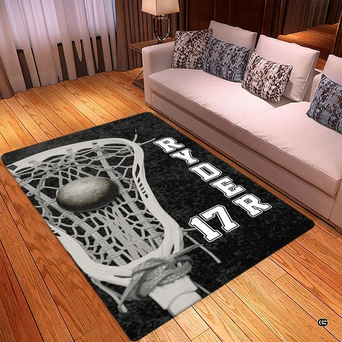 Lacrosse themed decorative floor accent displayed beside contemporary furniture. - image 5 of 9