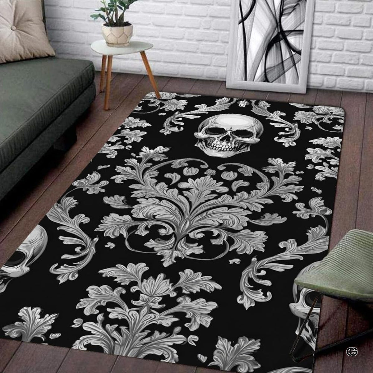 Overhead floor layout view of the silver baroque acanthus skull area rug