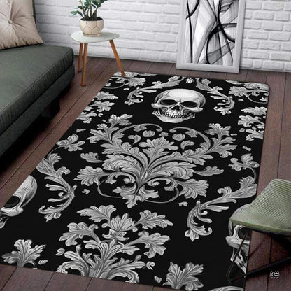 Overhead floor layout view of the silver baroque acanthus skull area rug - thumbnail image 2 of 8